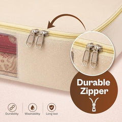 JD FRESH 3 Pcs Cotton Saree Covers/Storage Bags with Zip Cover/Space Saving Bag with Transparent Window/Wardrobe & Cupboard Organizer for Clothes/Bedsheets/Lehengas (16 x 13 x 3 Inch/Off White)