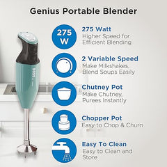 BOSS Genius Portable Hand Blender | 5 Years Warranty* | Powerful 275 Watts Motor | Chopper & Chutney Attachments | Variable Speed Control | Isi-Marked, Grey