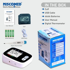 NISCOMED PW-221 Digital LCD Display BP Check Machine For Home | Fully Automatic Upper Arm Style BP Monitor | With USB Cable & AAA Battery | Memory 99 x 2 Users With Digital Thermometer
