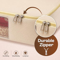 JD FRESH 3 Pcs Cotton Saree Covers/Storage Bags with Zip Cover/Space Saving Bag with Transparent Window/Wardrobe & Cupboard Organizer for Clothes/Bedsheets/Lehengas (16 x 13 x 3 Inch/Off White)