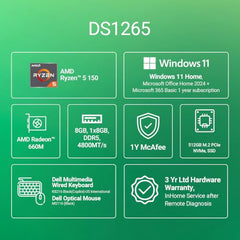Dell Slim Mini Desktop, AMD Ryzen5 150, 8GB DDR5 RAM, 512GB SSD,AMD Radeon 660M Graphics,Microsoft Office Home 2024+Office 365 Basic, 1 Yr McAfee LiveSafe, 3 Years Warranty, Wired Keyboard and Mice