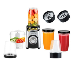 iBELL Juicer Mixer Grinder For Home, Smoothie Maker, 600W,2 Blades, 3 Modes, 5 Jars + Chopper, 100% Copper Motor, 24,000 RPM, Nutri Blender With Stainless Steel Blades (Silver)