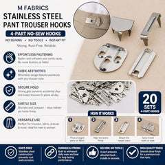 M Fabrics Stainless Steel Pant Trouser Hooks (Silver, 2-Part Sew-On, Set of 20) | Rust-Free Fasteners for Pants, Shorts, Dresses & Garments