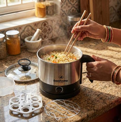 FRESHOME Electric Multipurpose Kettle 1.2L, 600W, with Stainless Steel Body, Egg Rack, Grill Rack, 3 Heating Modes & Rapid Boil Technology, Boiling Water, Tea, Coffee, Oats, Noodle, Soup (Silver)