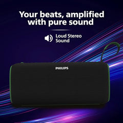PHILIPS Audio TAS2400BK Portable Bluetooth Speaker with Stereo Sound, 32W RMS, 2400mAh Rechargeable Battery, BT v5.3 Connectivity, IPX4 Waterproof, Supports TF/USB/BT Modes with Hanging Strap (Black)