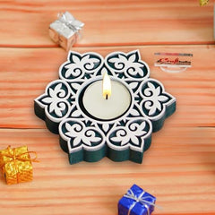 eCraftIndia Wooden Floral Printing Block Decorative Tea Light Candle Holders (Set of 12, Green White) Diwali Christmas Decorations Items for Home Office Christmas Gifts for Women Men Family Friend