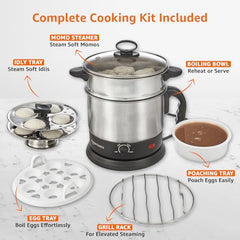 Amazon Basics Multi-Kettle Steamer 1.2L | Adjustable Power Modes 600 W | 7 - Egg Tray, Idli Tray, Iron Grill And Steamer | SS 201 Steel | Automatic Overheat Protection | Multipurpose Kettle