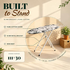 Smart Shelter Ironing Board with Adjustable Height, 111x30 CM | 16 mm Metal Bracket, Pure Cotton Cover, Foldable Design, Black and White Print, Home Use