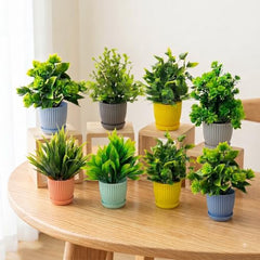 amazon basics Artificial Potted Plants, Artificial Plastic Eucalyptus Plants Small Indoor Potted Houseplants, Small Faux Plants for Home Decor Bathroom Office Farmhouse (Set of 8)