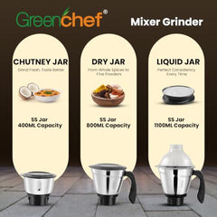 Greenchef Ripple Mixer Grinder - 3 Stainless Steel Jars with Stainless Steel Blades, 750 Watts, 230-240v, 18000 RPM, Red Color, ABS Body, ISI Certified, Heavy Duty Motor, 5 Year Warranty on Motor