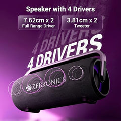 ZEBRONICS AXON 100 Portable Party Bluetooth Speaker, 90W RMS, Quad Drivers + Dual Passive Radiators, IPX5, Upto 6 Hours Playback, Rapid Charging, BT | USB | AUX | TWS, Fabric Finish, RGB, Deep Bass