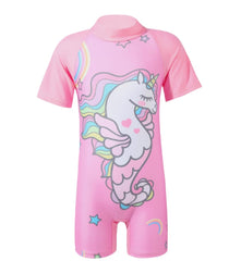 SYGA Children's Swimsuit Short-Sleeve Seahorse Unicorn XL Size Perfect for Kids Age 7-8 Years Old (Pink)