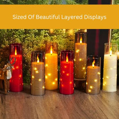 Flameless LED Pillar Candle Set of 2 | Acrylic Fiber Glass | Dancing Faux Wick | Remote Control with Battery Operated 3 AA | Home Décor & Gifting | 3" D x 6" H | Red