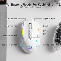 Redragon M612AK PRO RGB Gaming Mouse, 8000 DPI Wired/Wireless Optical Mouse with 9 Programmable Buttons & 7 Backlit Modes, BT & 2.4G Wireless, Software Supports DIY Keybinds Rapid Fire Button