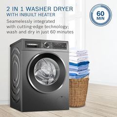 Bosch 10.5/6 KG Inverter Fully Automatic Front Load Washer Dryer (WNA2E4U1IN, 1400 RPM, 14 Wash Programs, LED touch display, Wash & Dry in 60 Mins, Cast Iron Grey)