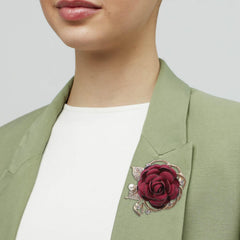 SYGA Women's Floral Brooch Pin with Rhinestones and Pearls (Red)