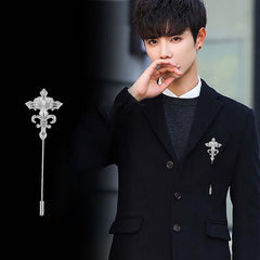 SYGA Men's Retro Crystal Flower Lapel Pin, Small Suit Brooch with CZ Stones, Silver
