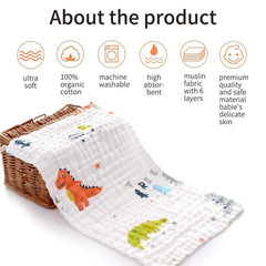 MOMISY 6 Layers Dry Muslin Wash Cloth Organic Cotton Face Towel Handkerchief for Baby New Born/Infants/Toddlers -Printed, Pack of 10, Multicolor
