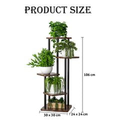STANSY 5 Tier Plant Stand with Wheels | Multi-Layer Metal Flower Shelf for Indoor & Outdoor Use | Heavy-Duty Wooden Laminate Display Stand for Home, Balcony, Living Room(Mocha Brown + Black,106cm)