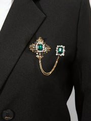 SYGA Men's & Women Suit Shirt Stud Lapel Pin Chain Tassel Brooch Pin with Crystal Chain(Green Diamond)
