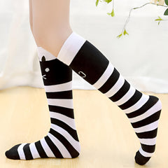 MOMISY 1 Pair of Baby Spring Winter And Autumn Combed Cotton Long Tube Knee-High Socks Suitable Age of 3 to 12 Years (LoveCatStripe, 3-12Y)