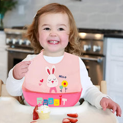 MOMISY Baby Bib For Newborn Waterproof Silicone Apron Wipeable Stain Resistant With pocket For 6 months and up (1, PinkRabbit)