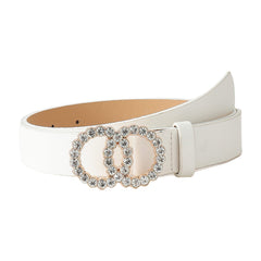 Syga Women's PU Leather Belt Rhinestone Waist Round Buckle Belt, White (Pack of 1)