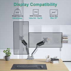 Jin Office Heavy Duty Dual Monitor Stand with Gas Spring Height Adjustment for 13-35" Monitors | Adjustable Double Monitor Arm | 2 Monitors Desk Mount | 15 KG Weight Capacity per Arm (Premium Silver)