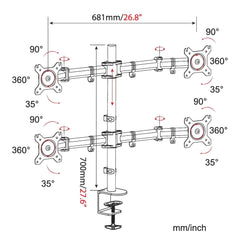 UNIQ Mounts™ 4 Screen Monitor Mount for 13''-27'' Screens, Heavy Duty with 180° Swivel, 360° Rotation, +90°-85° Tilt, VESA 75x75/100x100, 8kg Weight Capacity per Arm,Clamp + Grommet