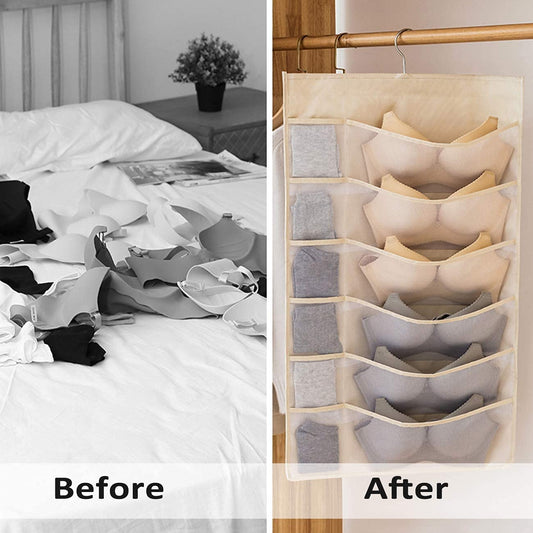SYGA Closet Hanging Organiser with Oxford Cloth & Rotating Metal Hanger, 12Grids + 18 Grids Wardrobe Organiser with 30 Mesh Pockets for Bra Underwear Underpants Shoes Sock Scarves Tie- 1Pcs, Beige