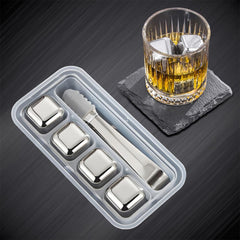 SYGA 4 Stainless Steel Whiskey Stones Ice Cubes with Tongs & Container - Food Grade Quick-Frozen Ice for Wine - Metal Ice Cubes for Chilling Red Wine