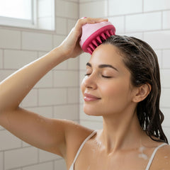 MOMISY Scalp Massager Shampoo Brush, Eco-Friendly Wheat Straw Body With Soft Silicon Bristles, Hair Scalp Scrubber, Scalp Exfoliator | Dandruff Removal (Pink)