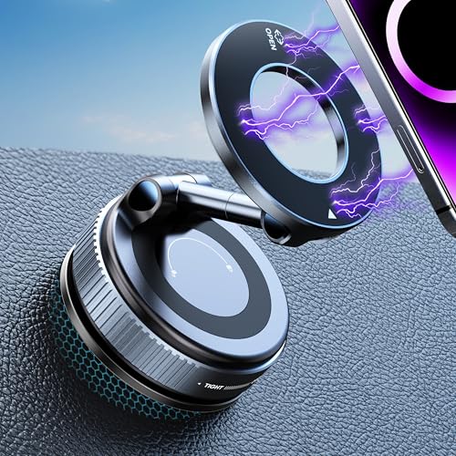 (1 Year Warranty) 360° Magnetic Vacuum Car Phone Holder, Strong Suction Mount for Dashboard, Windshield, Mirror & Smooth Surfaces, Universal Smartphone Holder - Black Compatible with All Smartphones