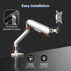 ETHU Heavy Duty Monitor Arm, Gas Spring Monitor Stand for 17-45 Inch Screens up to 17 kg, Adjustable Monitor Mount with C-Clamp & Grommet Base, Ergonomic Computer Monitor Mount (Single White)