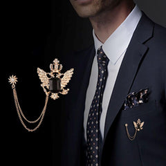 SYGA Luxury Crown Style Brooch for Men's & Women Suit Shirt Stud Brooch Lapel Pin Brooch Pin Chain Tassel Brooch Pin with Crystal Chain(Golden Crown Eagle Black Gemstone)