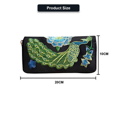 MOMISY Women's PU Leather Peacock Embroidery Clutch Purse, Handbag, Party Wedding Wallet with Zipper (Black)