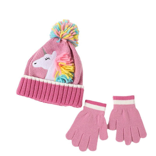 SYGA Children's Unicorn Beanie Cap & Gloves Set Winter Pom Pom Hat Combo for Ages 5-10 Years Warm Knitted Design(Pink)