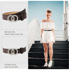 SYGA PU Leather Belt Rhinestone Waist Round Buckle Belt -Brown