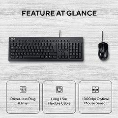 ASUS U2000 Wired Keyboard and Optical Mouse Combo, Long 150 cm Felxible Cable, 1000 dpi Optical Mouse Sensor, Compact Design (Black)