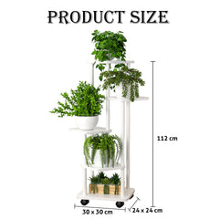STANSY 5 Tier Plant Stand with Wheels | Multi-Layer Metal Flower Shelf for Indoor & Outdoor Use | Heavy-Duty Wooden Laminate Display Stand for Home, Balcony, Living Room(White Wood + White,112cm)