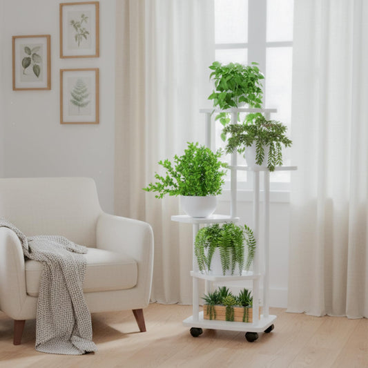 STANSY 5 Tier Plant Stand with Wheels | Multi-Layer Metal Flower Shelf for Indoor & Outdoor Use | Heavy-Duty Wooden Laminate Display Stand for Home, Balcony, Living Room(White Wood + White,112cm)