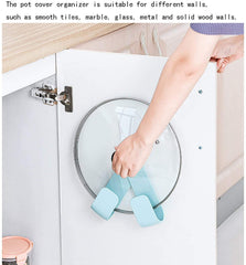 MOMISY Plastic Self Adhesive Pot Lid Holder No-Punch Wall-Mounted Rotatable Rack Pan Cover Organizer Storage Kitchen Household Set Tools (White Hook)