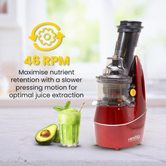 Hestia Nutri-Max Cold Press Slow Juicer, 240 W motor | Patented Auger technology for 3x more juice | 3 Strainers for Juices, Sorbets, Nut Milk, etc | Longest warranty, easy usage | Red Wine