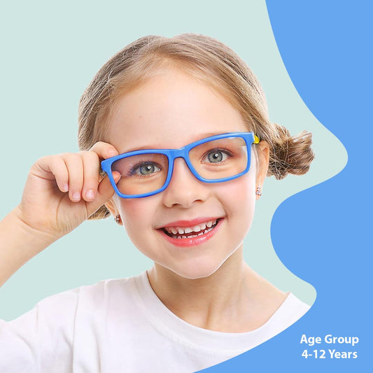 SYGA Children's Anti-Blue Light Goggles Soft Silicone Eye Protection Baby Flat Mirror Frame 4-12 years old (Blue frame yellow legs)