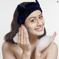 MOMISY Elastic Women's Lovely Hair Band Wash Face Spa Headband-Washable Facial Band Makeup Wrap Headbands Fits All Head Sizes-Cat Ear (Blue Black, Free)