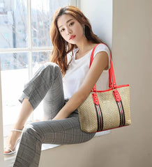 MOMISY Women's Straw Large Capacity Shoulder Tote Handbag with Top Handle-Red Handle