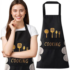 MOMISY Waterproof Kitchen Apron, Cooking Apron with Pockets, Side Towel for Hand Wiping, Suitable for Men and Women (Black)