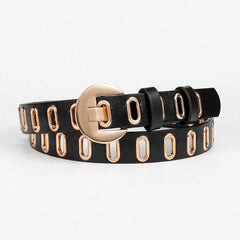 SYGA Women's Gold Oval Eyelet Belt Round Button Jeans Belt(Black)