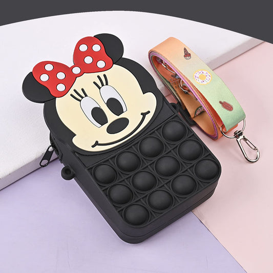 SYGA Children Pop It Fidget Minnie Mouse Silicone Bag Kids Push Popper Educational Decompression Bubble Shoulder Bag (Black)