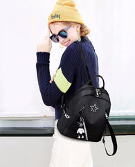 SYGA Women's Oxford Cloth Backpack Casual College Style with Cute Key Chain Student School Bag (Black)